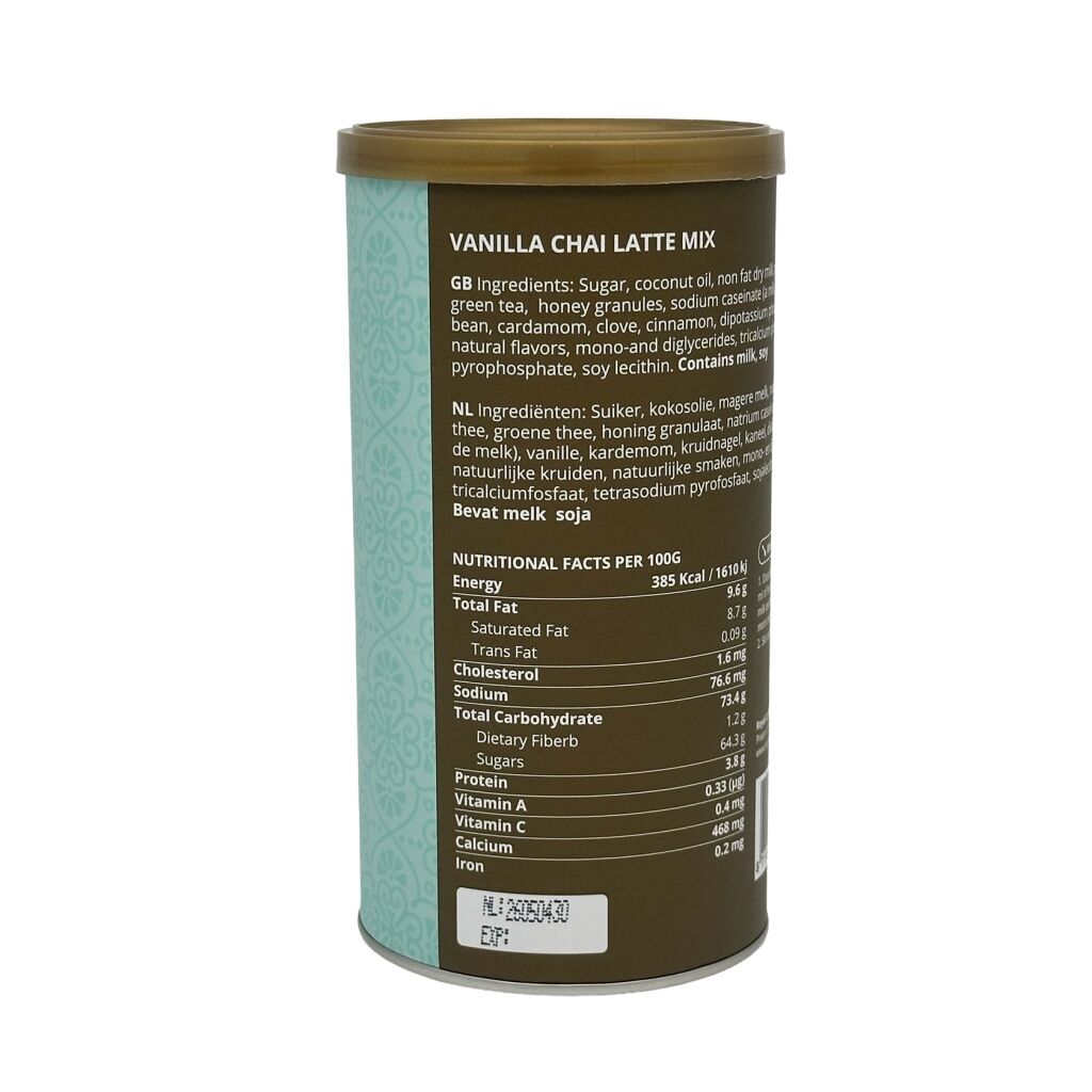Achterkant van een potje van 340 gram met chai tea latte mix in de smaak vanilla