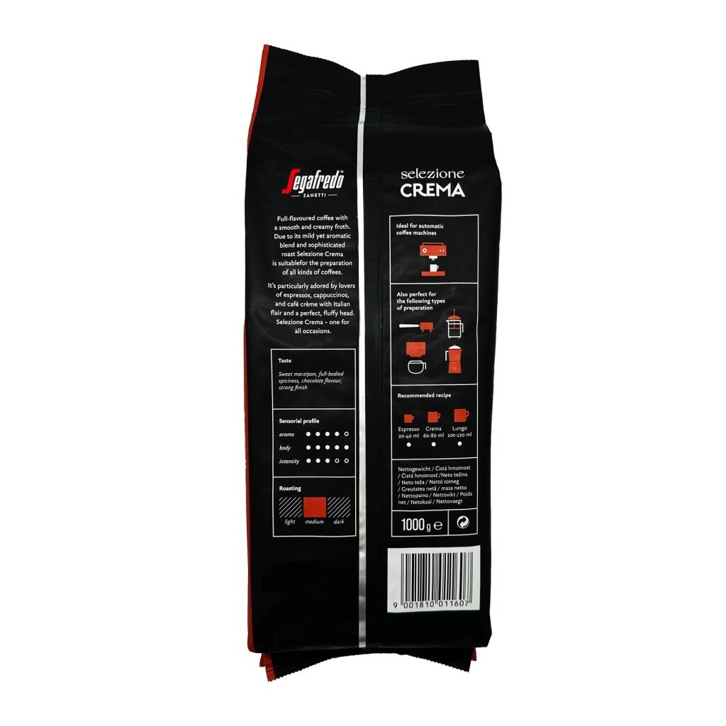 Achteraanzicht van een kilo zak koffiebonen van het merk Segafredo Selezione Crema