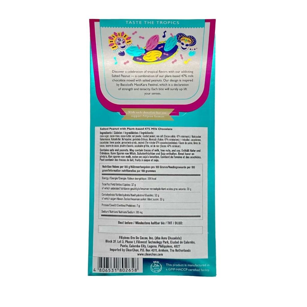 Een melkchocolade reep van het merk Auro in de smaak van gezouten pinda's 