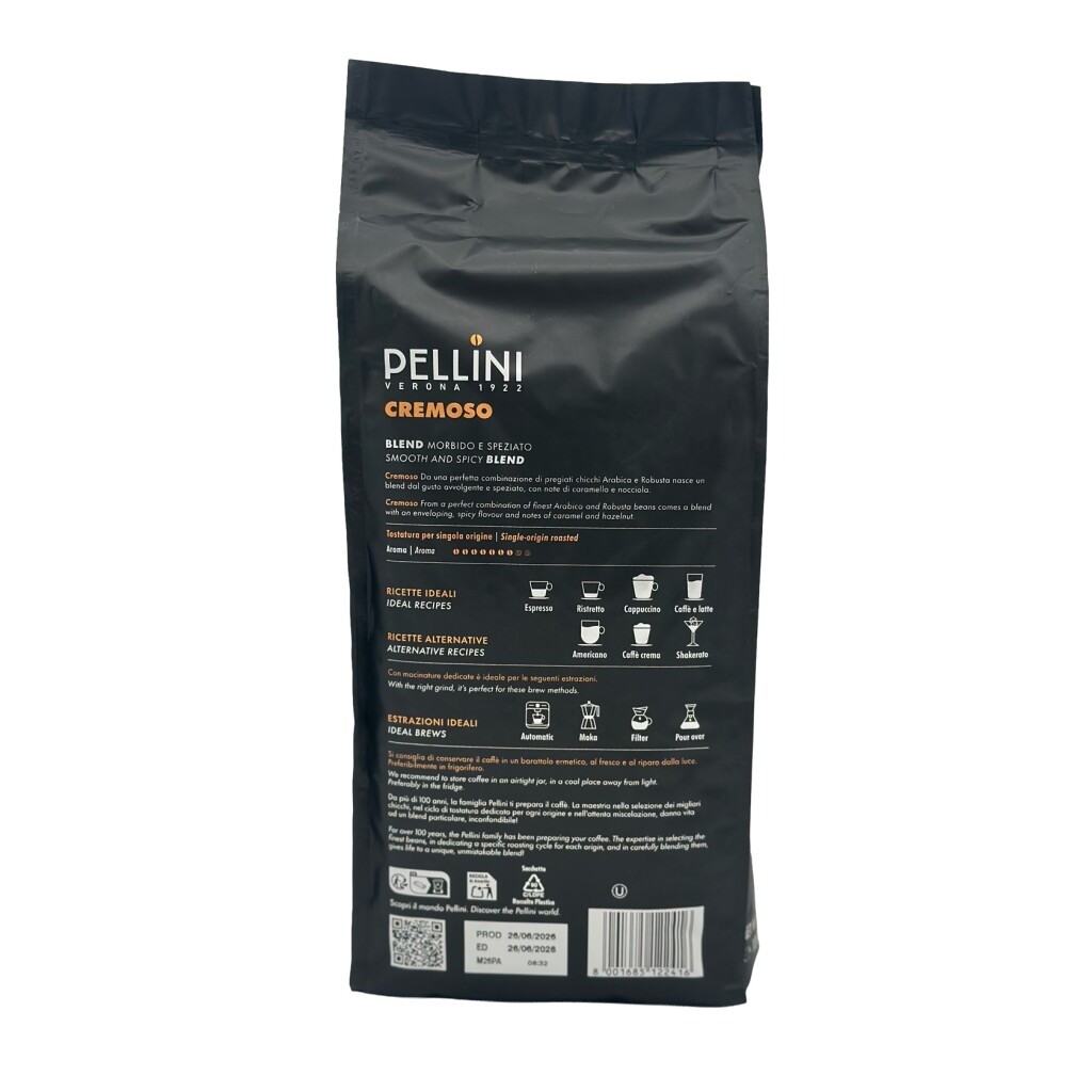 Achterkant van een kilozak koffie van het merk Pellini no.9 Cremoso blend Morbido e speziato