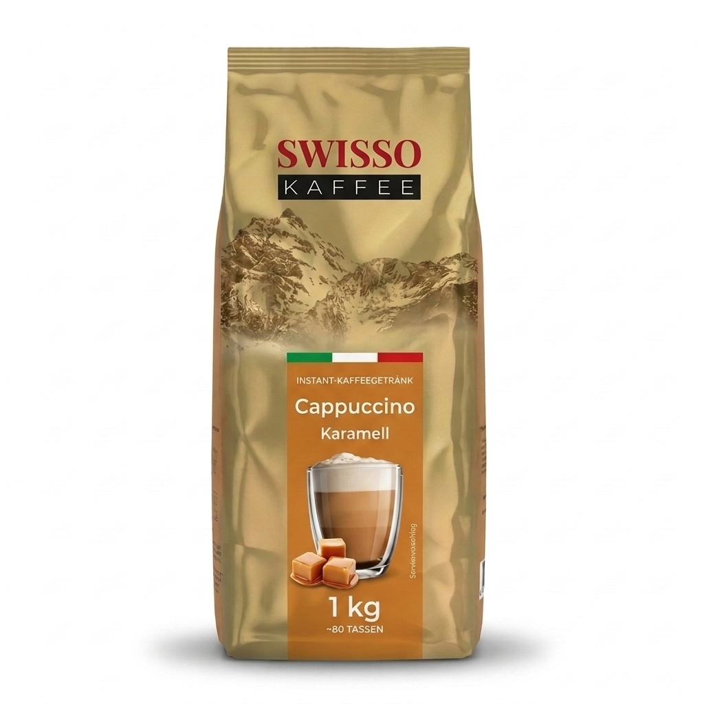 Swisso Kaffee Cappuccino Karamel (Karamell) instant cappuccino 1 kg, zak vooraanzicht