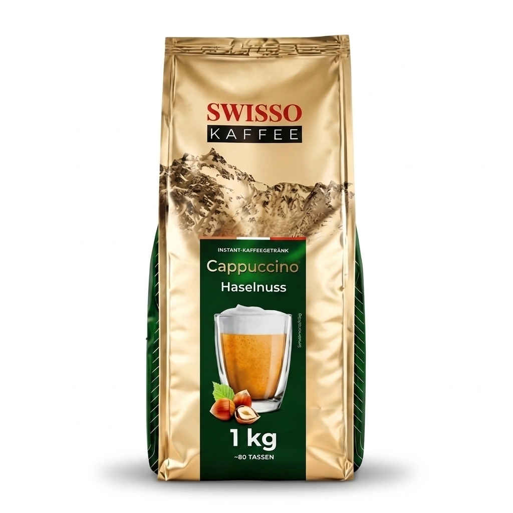 Swisso Kaffee Cappuccino Hazelnoot (Haselnuss) instant cappuccino 1 kg, zak vooraanzicht