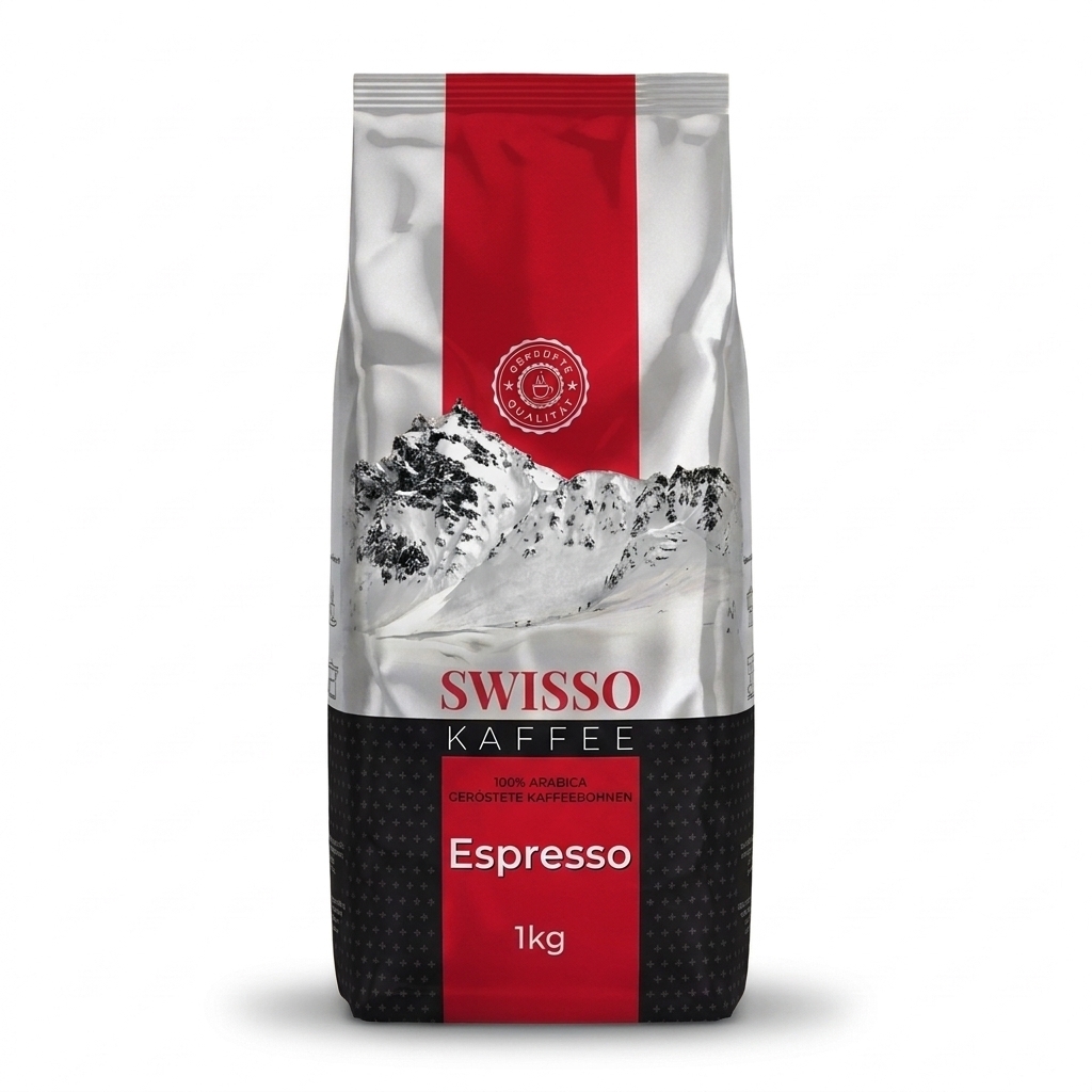 Swisso Kaffee Espresso koffiebonen 1 kg, 100% arabica, zak vooraanzicht