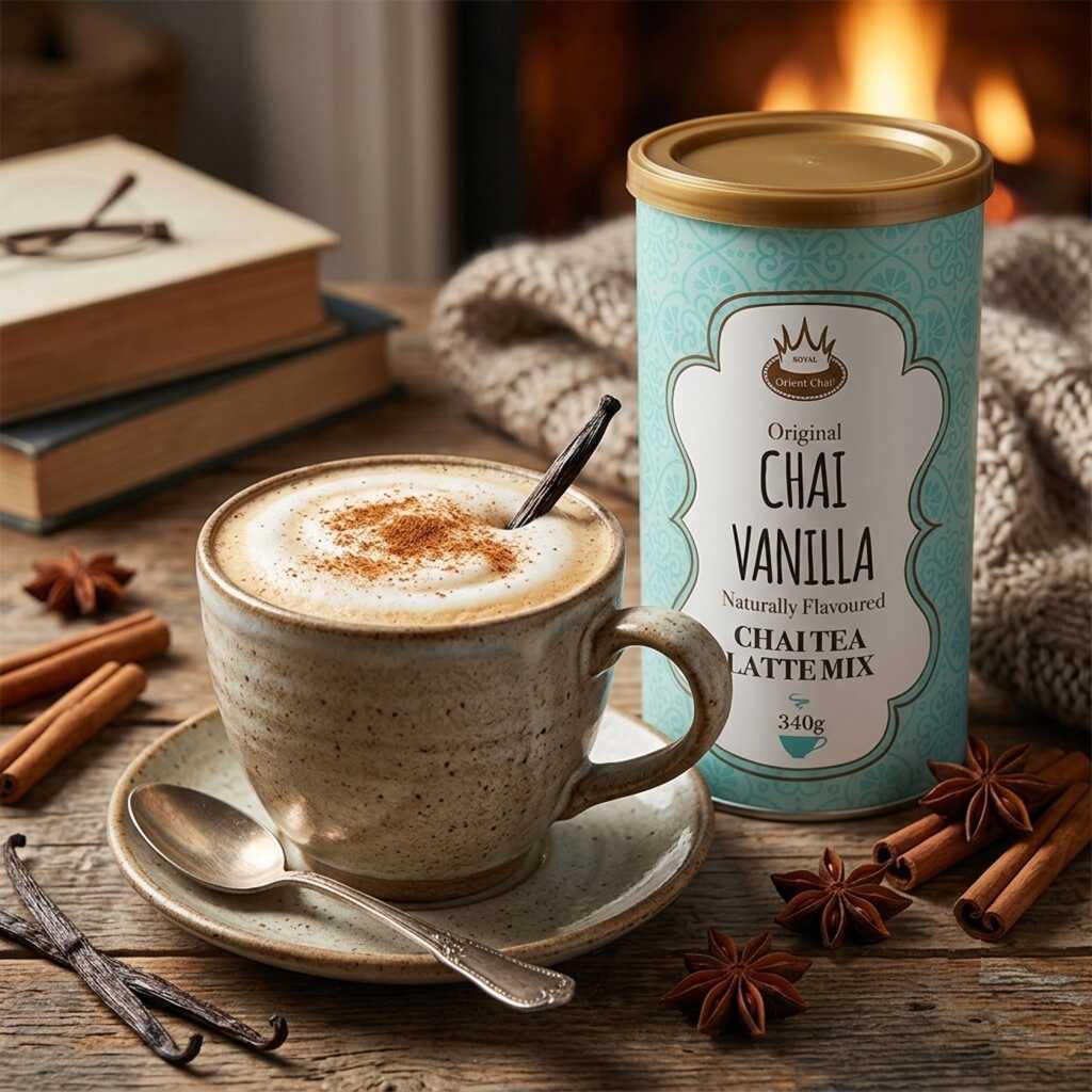 Sfeerbeeld van een potje van 340 gram met chai tea latte mix in de smaak vanilla