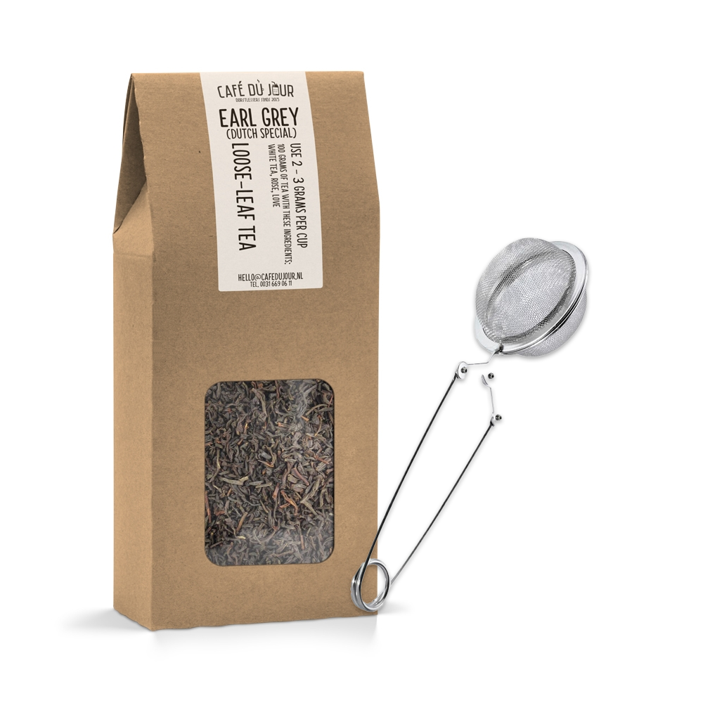 Café du Jour verse losse thee voor de beginner 1 x 100 gram thee en theeknijper