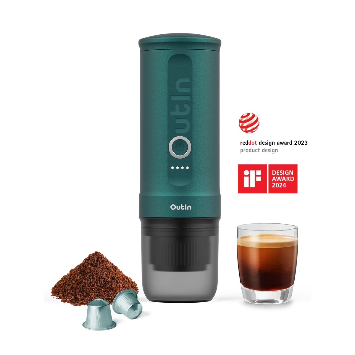 OutIn Nano - draagbare elektrische espressomachine - stijlvol en solide - verwarmt water - capsules & gemalen koffie - 20 bar - draagbare koffiemachine - reis & camping koffiezetap